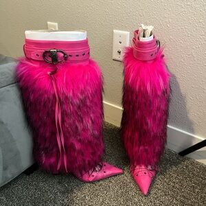Pink faux fur boots with studded buckle and belt. Worn once.